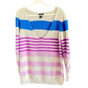 Lane Bryant Blue Plum Lavendar Taupe Stripe V-Neck Sweater Size 18/20W